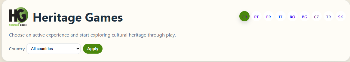 Heritage Games platform with language options and a country selector